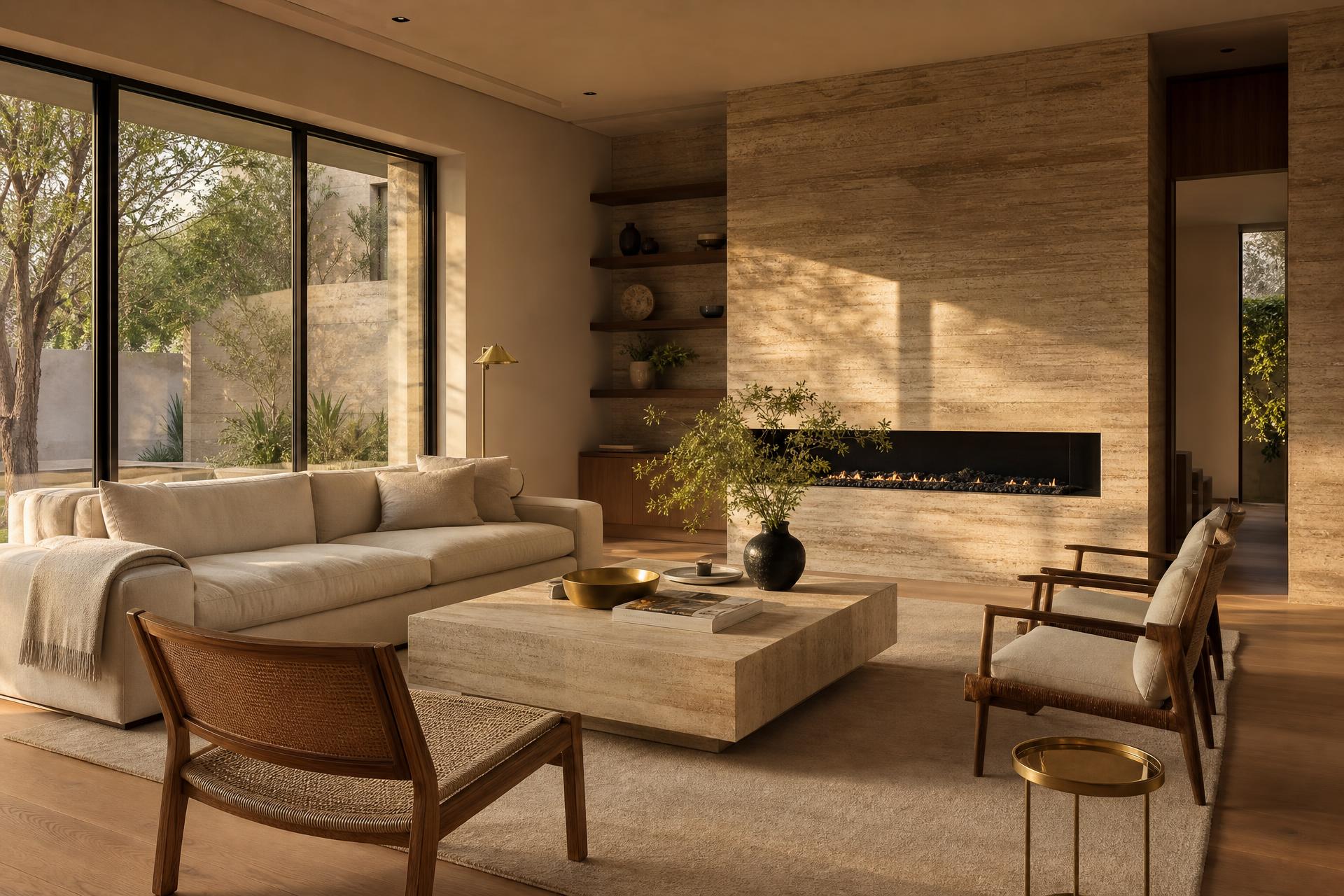Sala contemporánea con muro de travertino, ventanal al jardín y luz de tarde