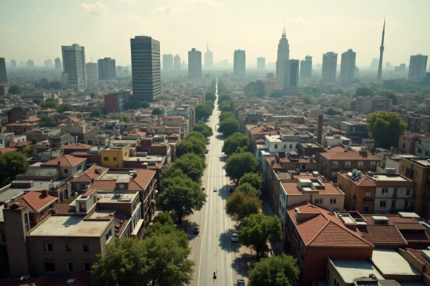 Vista aérea de una avenida arbolada de la Ciudad de México con la torre de la ciudad al fondo