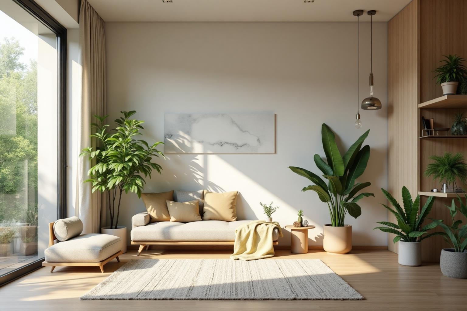 Render de una sala en tonos crema con muro de madera, plantas y luz natural