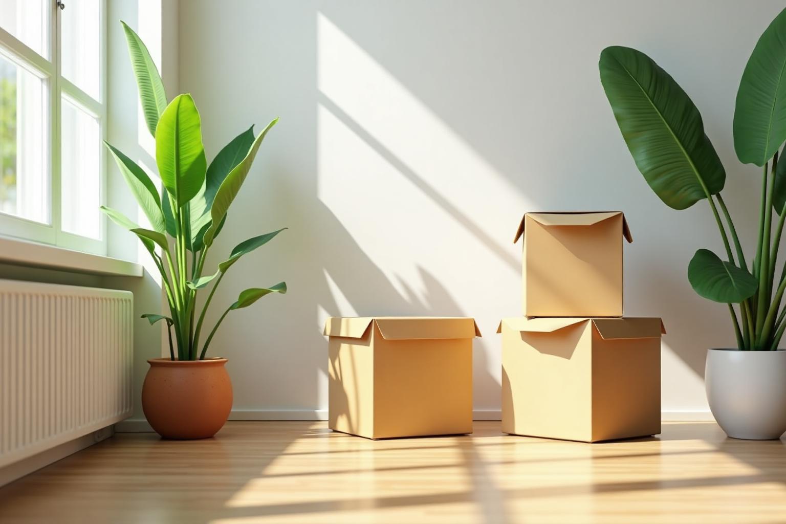 Cajas de mudanza en una habitación vacía y luminosa, junto a dos plantas