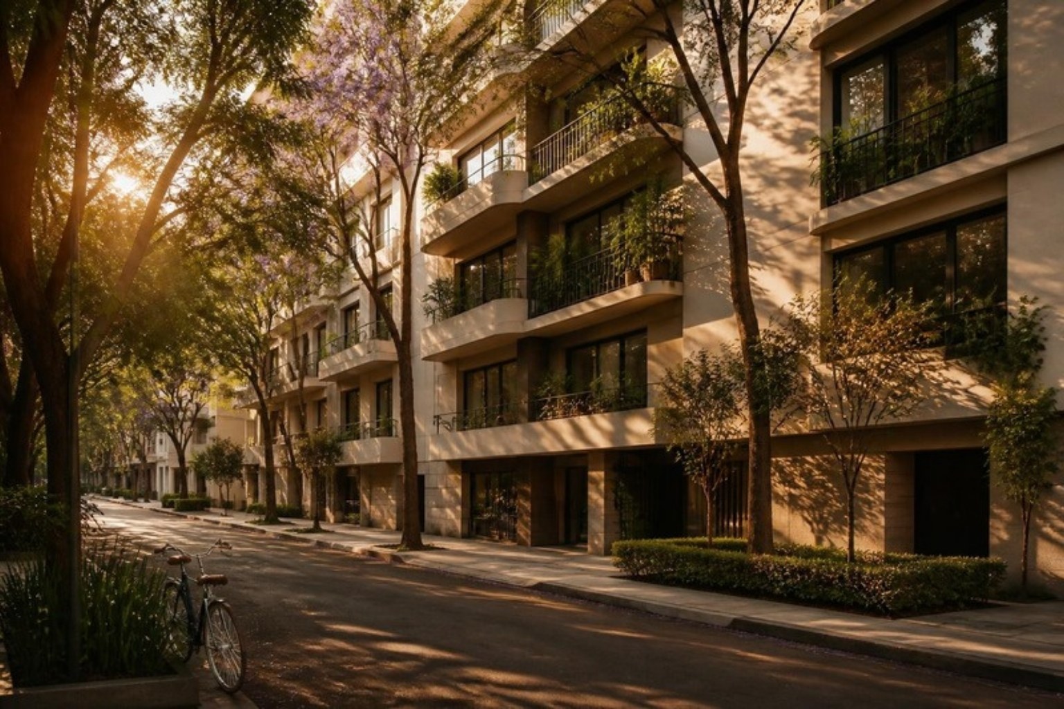 Calle arbolada de una colonia céntrica de la Ciudad de México, con edificios de departamentos con balcones y una jacaranda en flor, a la luz de la tarde