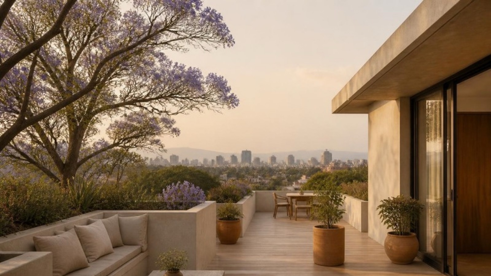 Terraza con jacarandas y la Ciudad de México al fondo, al atardecer