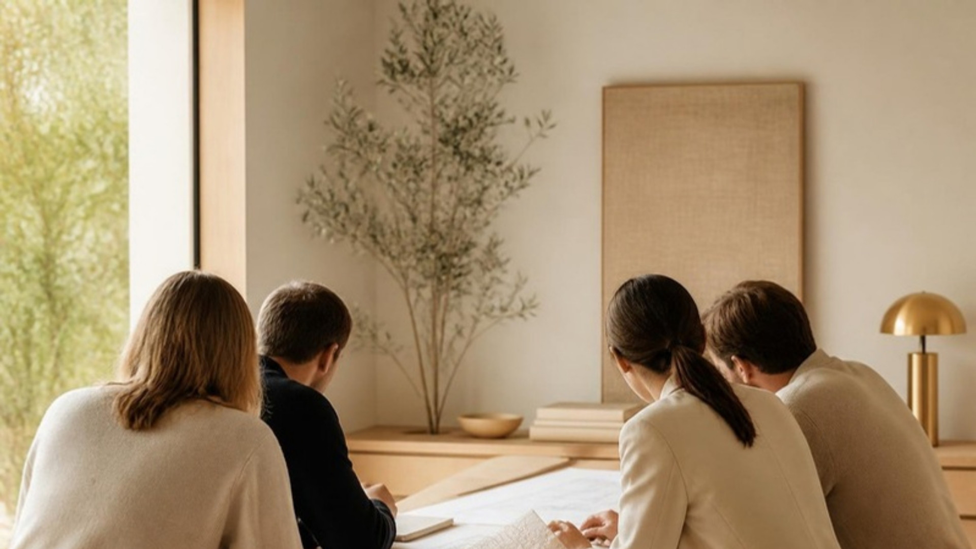 Cuatro personas, de espaldas, revisan planos sobre una mesa de madera clara junto a un olivo, con luz natural