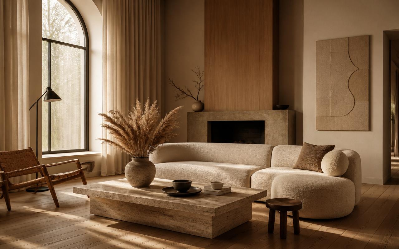 Sala en tonos cálidos con sofá curvo, mesa de travertino y luz natural