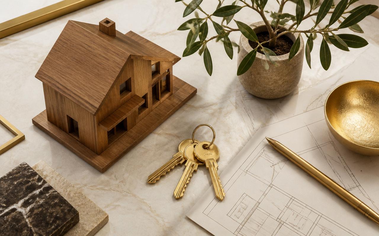 Maqueta de una casa junto a llaves y planos sobre una mesa de mármol
