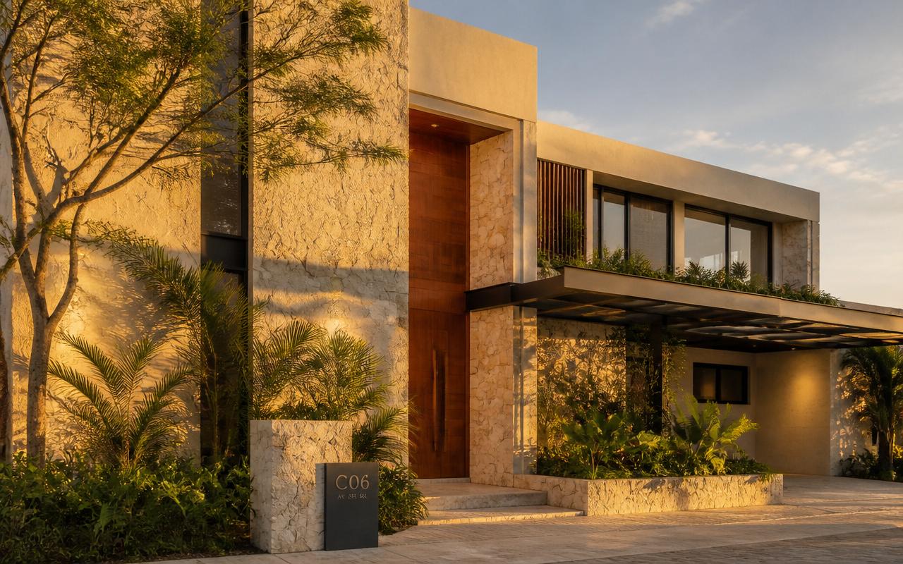 Fachada de una casa de piedra y madera al atardecer