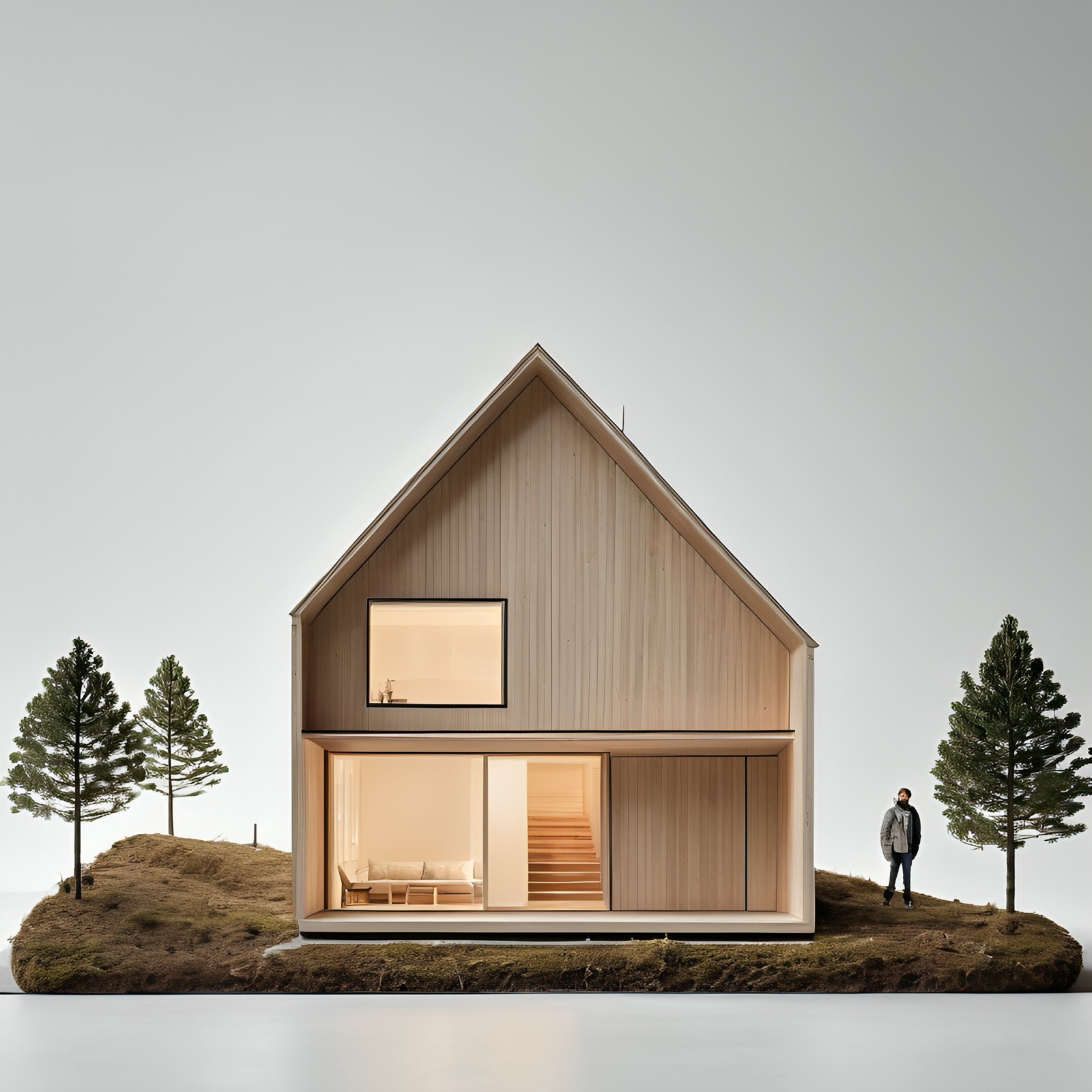 Maqueta de madera de una casa a dos aguas, iluminada por dentro, sobre fondo neutro
